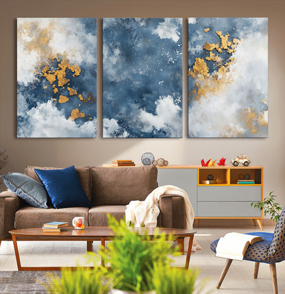 39575-MGV-CV-36X24-Blue and Gold Abstract Wall Art – Modern Canvas Print Featuring Cloudy Textures with Metallic Accents, Contemporary Artwork for
