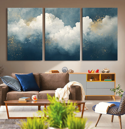 75131-MGV-CV-36X24-Abstract Cloud Wall Art – Modern Canvas Print Featuring Blue and White Clouds with Golden Accents, Contemporary Artwork for Living