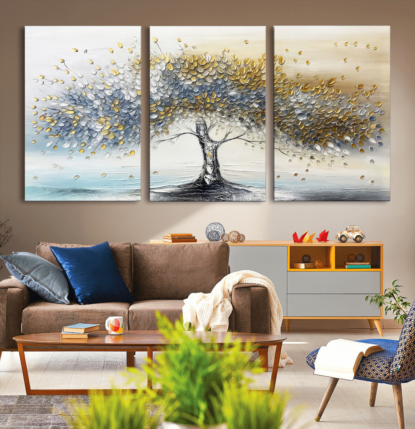 24771-MGV-CV-36X24-Silver Tree Wall Art Canvas Print, Framed Golden Leaves Art Picture Print, Metallic Tree Perfect Minimalist Luxury Decor Artwork