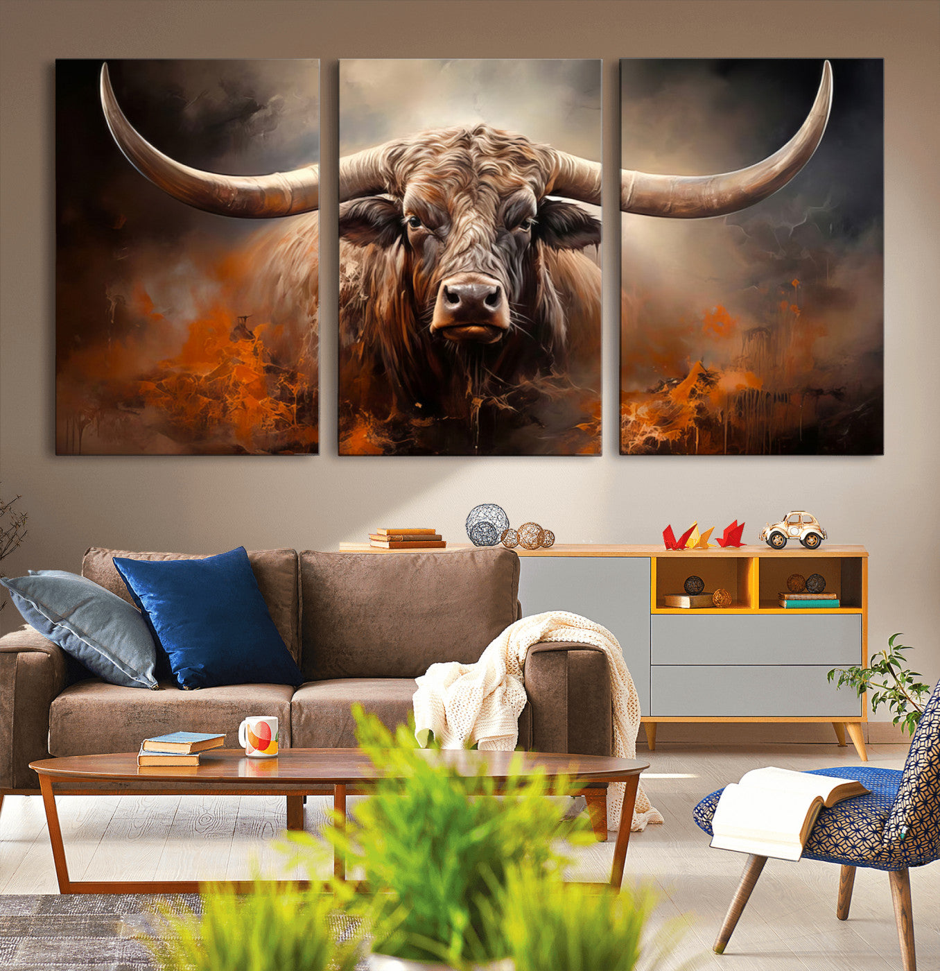 240479-MGV-CV-36X24-Longhorn Bull Wall Art – Dramatic Western Canvas Print Featuring Horned Bull with Fiery Background, Rustic Farmhouse Artwork for