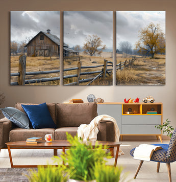 Farm1-MGV-CV-36X24-Rustic Autumn Farmhouse Wall Art – Serene Countryside Scene Canvas Print, Weathered Barn and Autumn Trees Decor for Living Room,
