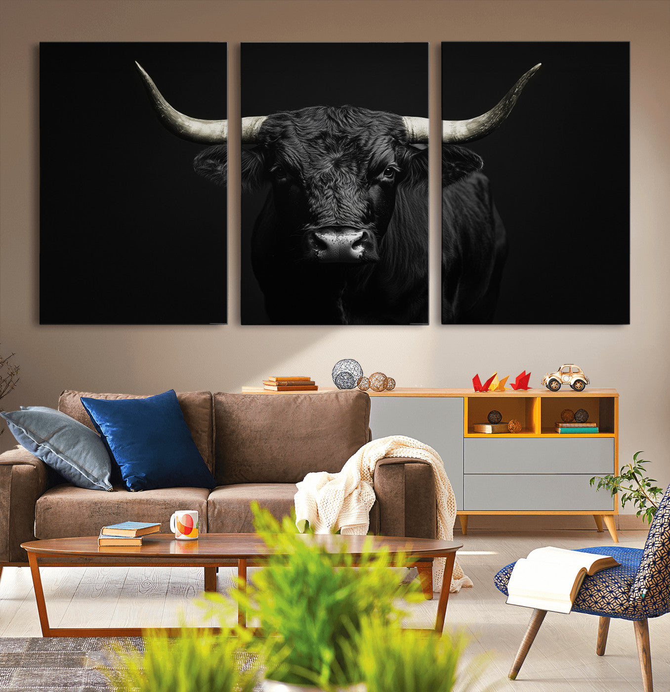 97914921-MGV-CV-36X24-Black Bull Wall Art Canvas Print, Framed Longhorn Bull Art Picture Print, Western Bull Perfect Monochrome Western Decor Artwork