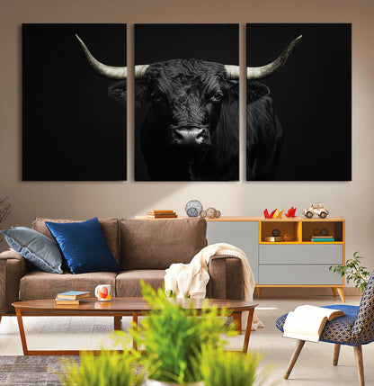 97914921-MGV-CV-36X24-Black Bull Wall Art Canvas Print, Framed Longhorn Bull Art Picture Print, Western Bull Perfect Monochrome Western Decor Artwork