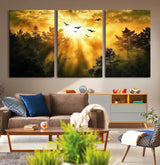 13776802-MGV-CV-36X24-Golden Forest Wall Art Canvas Print, Framed Sunset Pines Art Picture Print, Flying Birds Perfect Nature Glow Decor Artwork