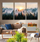 56391411-MGV-CV-36X24-Misty Forest Wall Art Canvas Print, Framed Sunrise Pines Art Picture Print, Moody Pines Perfect Serene Woodland Decor Artwork