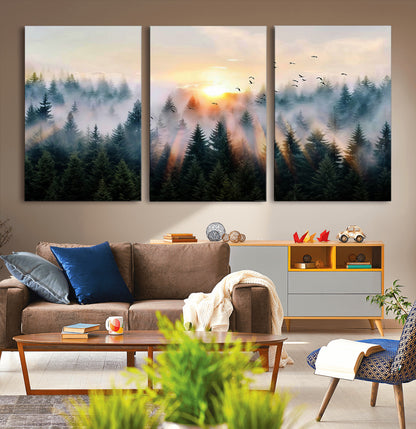 56391411-MGV-CV-36X24-Misty Forest Wall Art Canvas Print, Framed Sunrise Pines Art Picture Print, Moody Pines Perfect Serene Woodland Decor Artwork