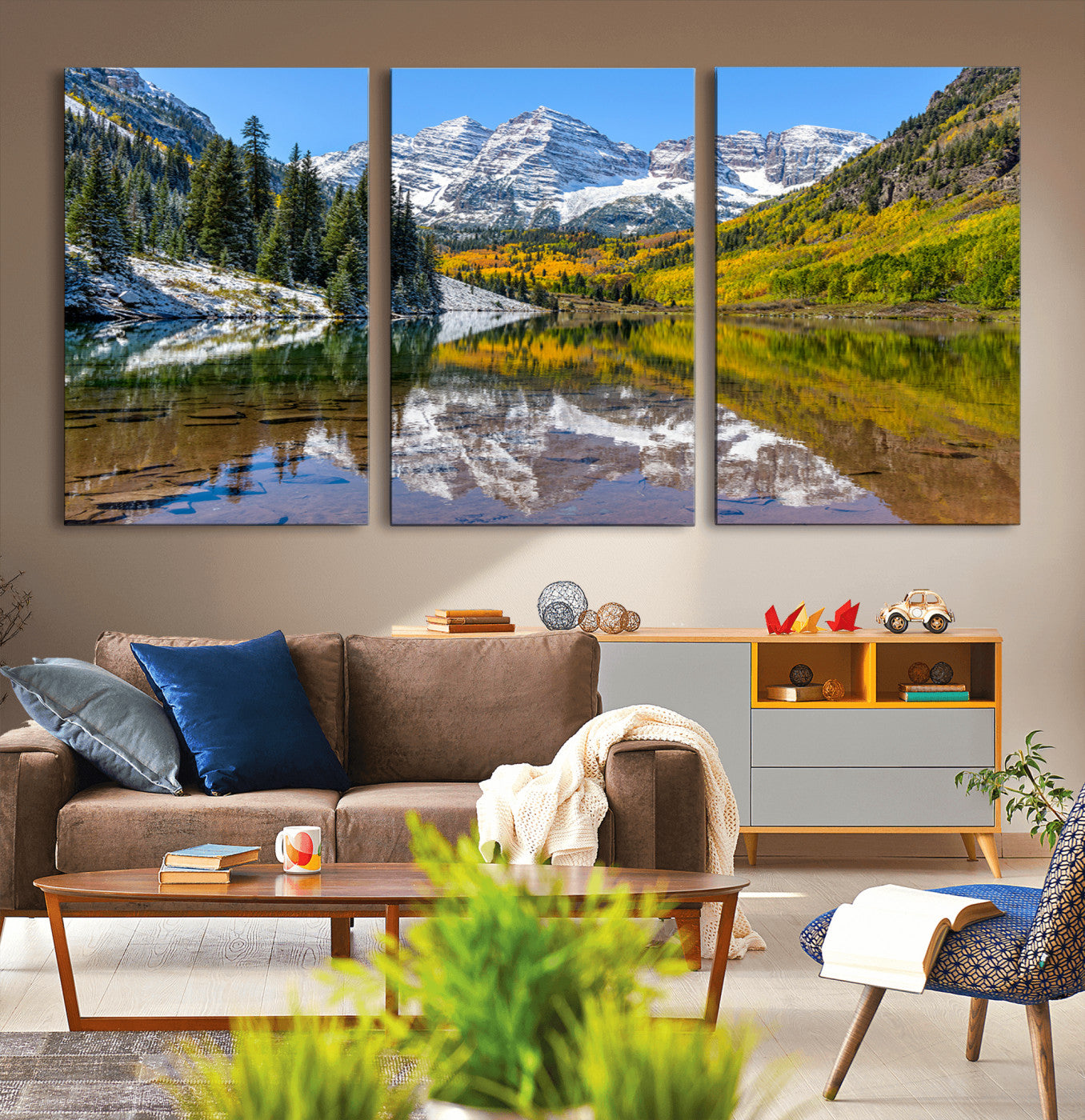 87724099-MGV-CV-36X24-Maroon Bells Wall Art Canvas Print, Framed Snowy Mountains Art Picture Print, Pine Forest Perfect Vibrant Alpine Decor Artwork