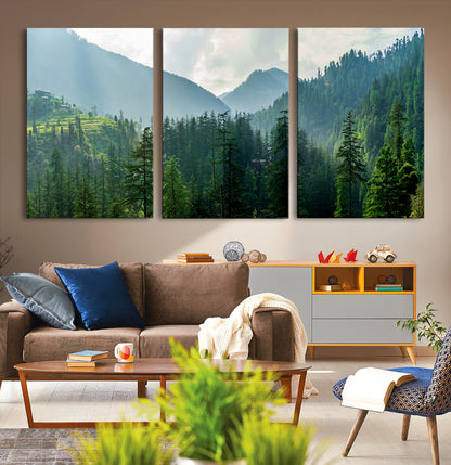 83417191-MGV-CV-36X24-Misty Mountain Forest Wall Art – Pine Tree Landscape Canvas Print, Nature Photography Panorama, Tranquil Green Forest Décor for