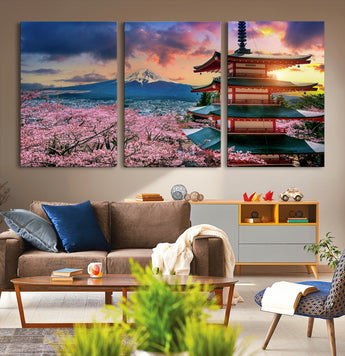 32331262-MGV-CV-36X24-Mount Fuji Japan Wall Art – Cherry Blossom Landscape Canvas Print, Chureito Pagoda Sunset Photography, Japanese Nature Travel