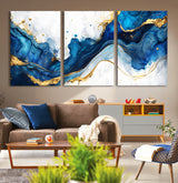 33506371-MGV-CV-36X24-Blue Marble Wall Art Canvas Print, Framed Gold Splash Art Picture Print, Abstract Wave Perfect Modern Luxe Decor Artwork