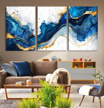 33506371-MGV-CV-36X24-Blue Marble Wall Art Canvas Print, Framed Gold Splash Art Picture Print, Abstract Wave Perfect Modern Luxe Decor Artwork