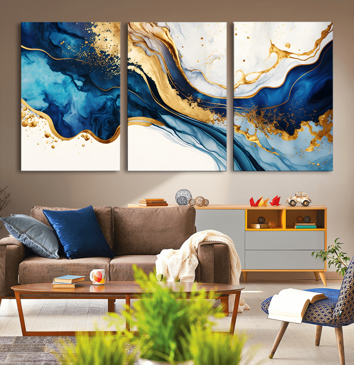 60283636-MGV-CV-36X24-Blue Gold Flow Wall Art Canvas Print, Framed Marble Texture Art Picture Print, Elegant Splash Perfect Elegant Abstract Decor