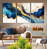 60283636-MGV-CV-36X24-Blue Gold Flow Wall Art Canvas Print, Framed Marble Texture Art Picture Print, Elegant Splash Perfect Elegant Abstract Decor