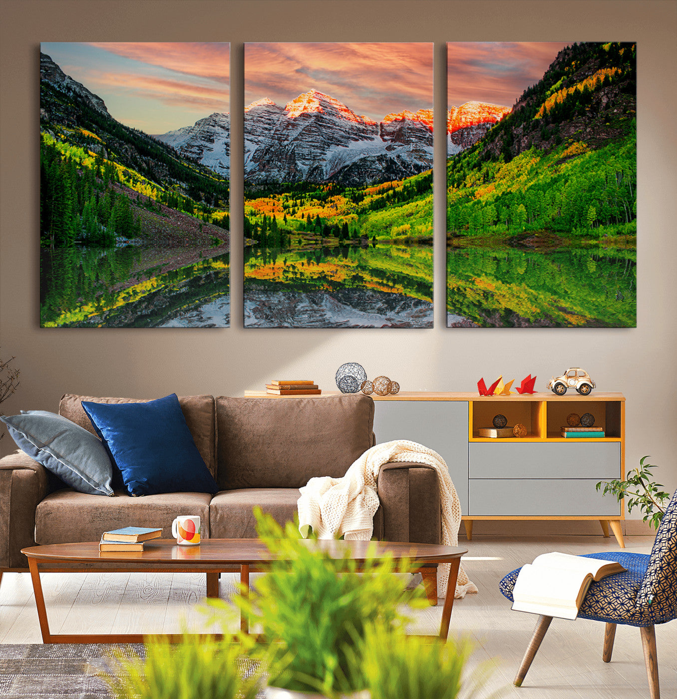 59533484-MGV-CV-36X24-Maroon Bells Autumn Wall Art – Panoramic Mountain Landscape Canvas Print, Sunset Reflection Nature Artwork for Living Room, Office