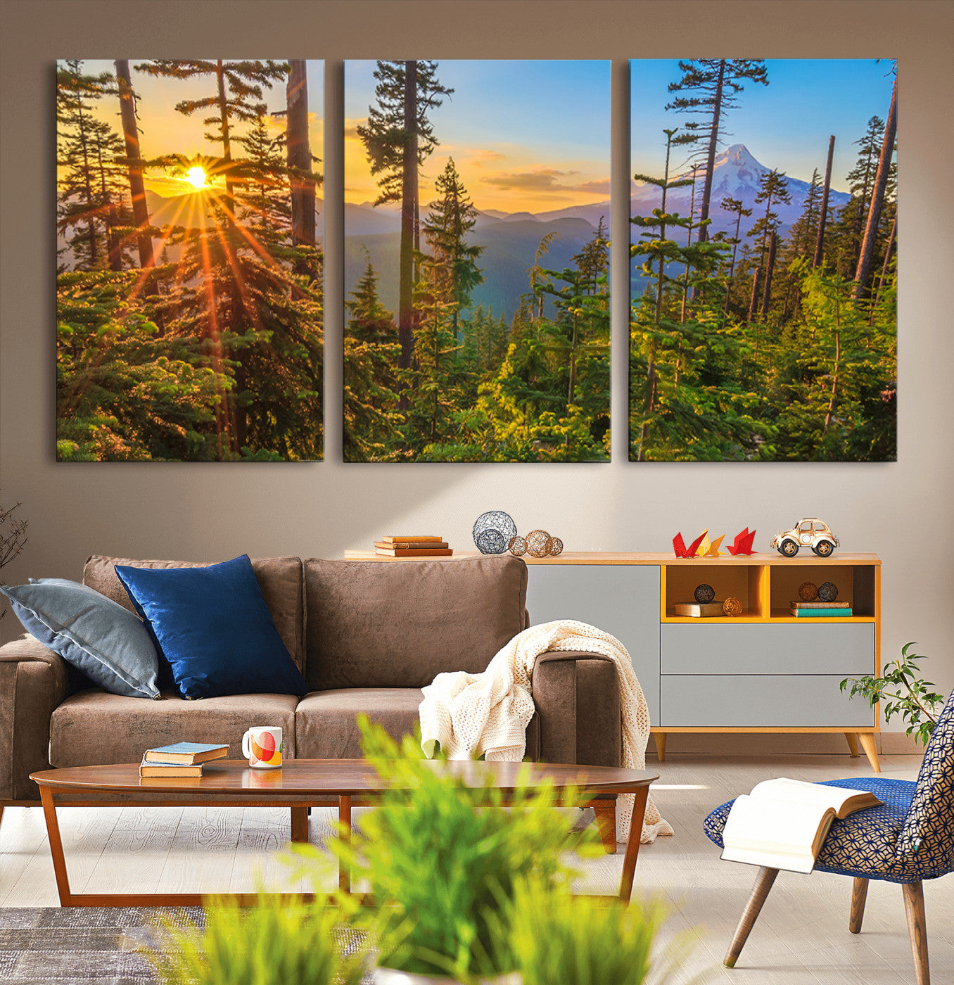 83544043-MGV-CV-36X24-Forest Sunset Wall Art Canvas Print, Framed Sunset Trees Art Picture Print, Green Pines Perfect Rustic Nature Decor Artwork