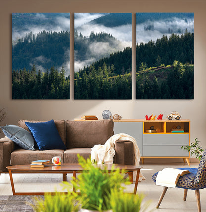 84598503-MGV-CV-36X24-Misty Forest Wall Art Canvas Print, Framed Pine Hills Art Picture Print, Moody Hills Perfect Moody Woodland Decor Artwork