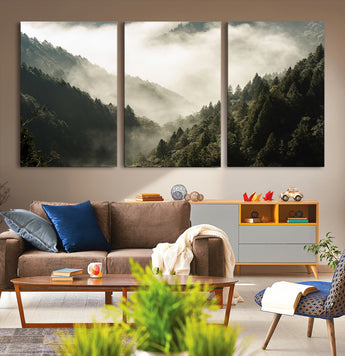 57570237-MGV-CV-36X24-Misty Valley Wall Art Canvas Print, Framed Foggy Forest Art Picture Print, Pine Trees Perfect Moody Woodland Decor Artwork