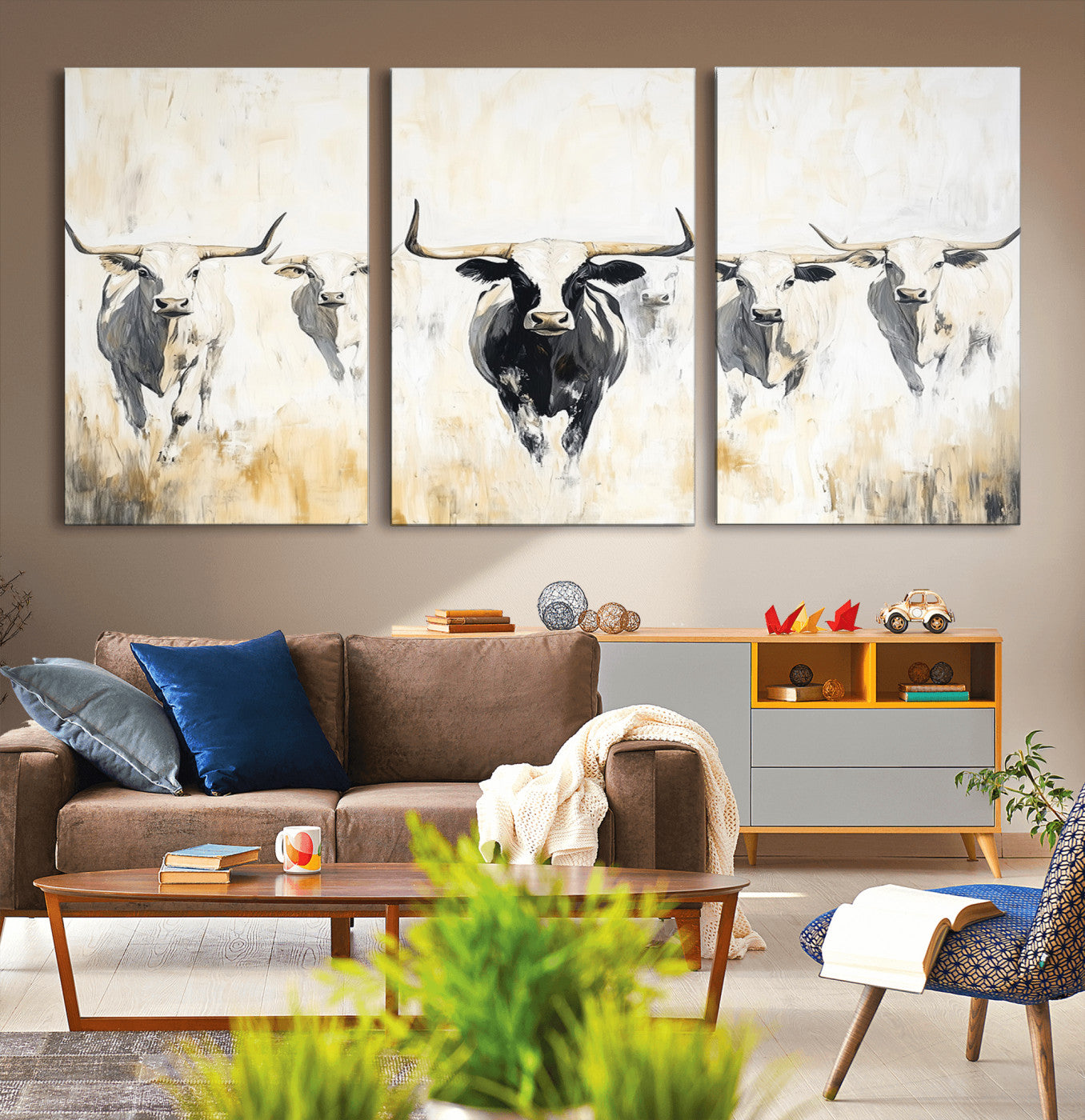 40397799-MGV-CV-36X24-Texas Longhorn Wall Art Canvas Print, Framed Rustic Herd Art Picture Print, Western Bull Perfect Neutral Western Decor Artwork