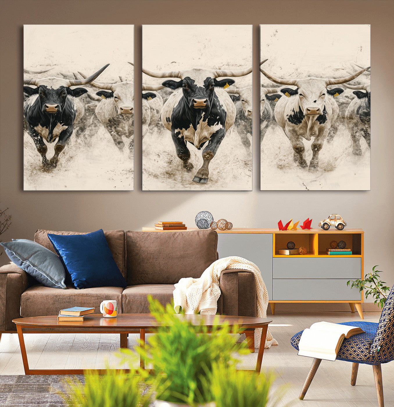 61538944-MGV-CV-36X24-Texas Longhorn Wall Art Canvas Print, Framed Cattles Walking Art Picture Print, Black White Bulls Perfect Rustic Western Decor