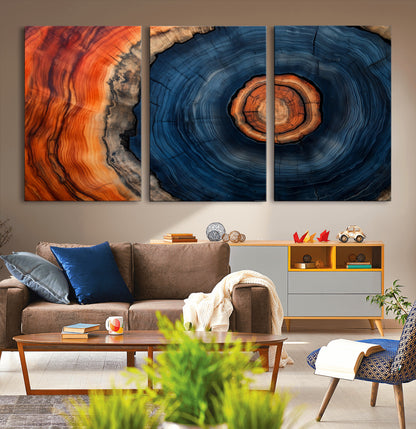72209152-MGV-CV-36X24-Abstract Tree Ring Wall Art – Vibrant Blue Orange Wood Grain Canvas Print, Rustic Modern Nature Artwork for Living Room, Office,
