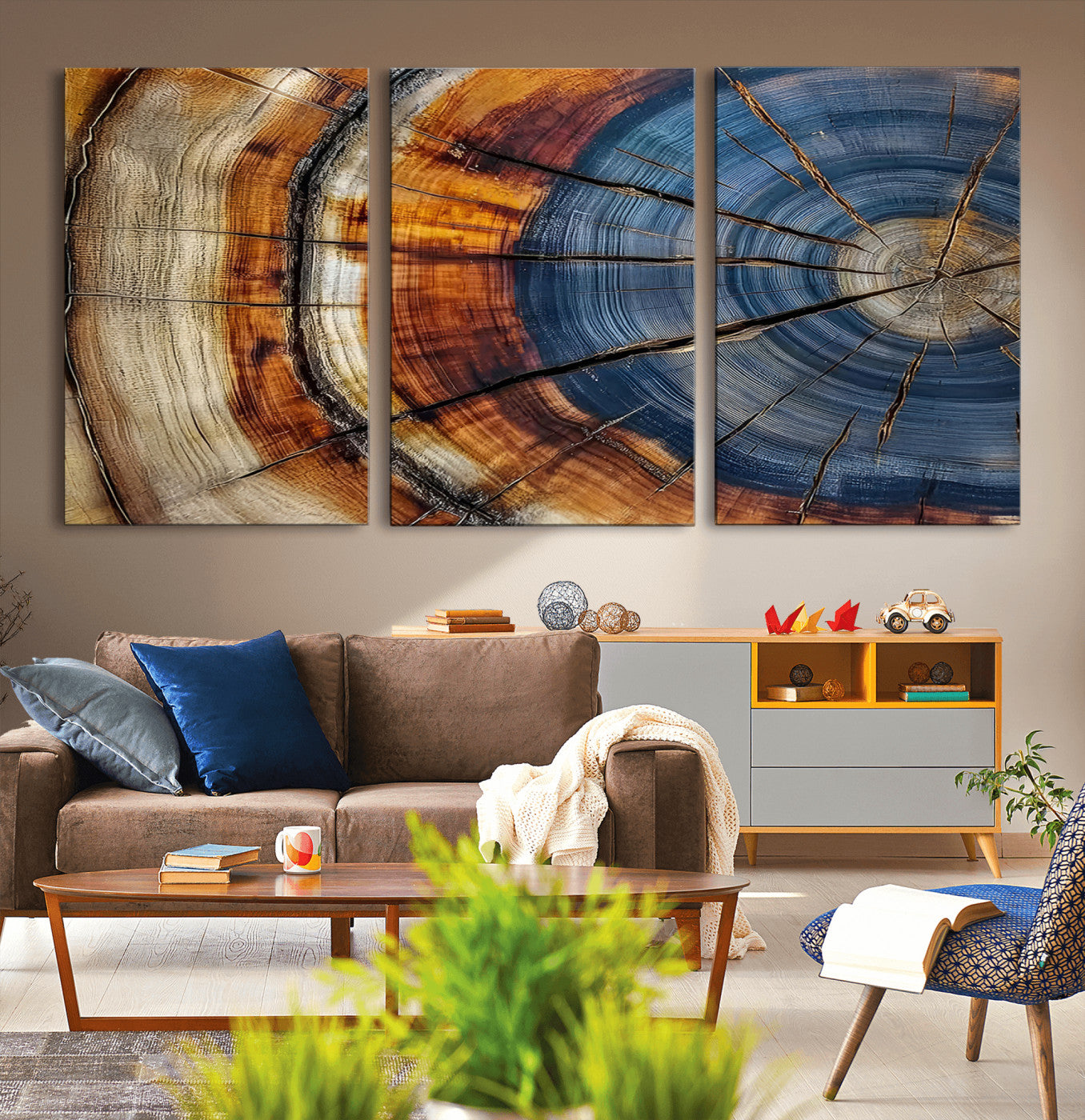 18032999-MGV-CV-36X24-Tree Ring Wall Art – Blue Brown Abstract Wood Slice Canvas Print, Rustic Modern Nature Decor for Living Room, Office, Bedroom or