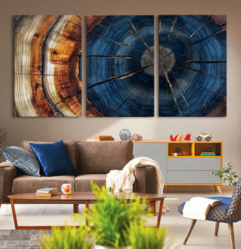 60099360-MGV-CV-36X24-Blue Tree Ring Wall Art – Rustic Wood Grain Canvas Print, Modern Abstract Artwork with Natural Texture for Living Room, Bedroom,