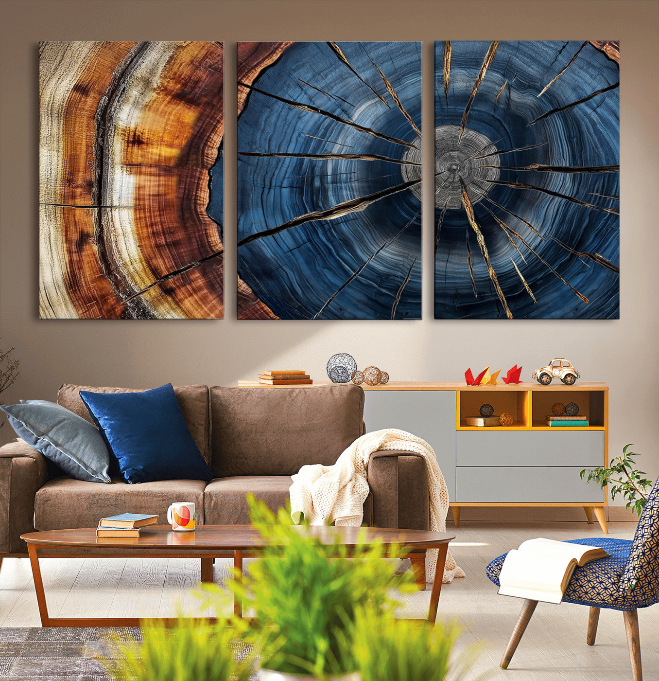45268471-MGV-CV-36X24-Blue Tree Ring Wall Art – Rustic Wood Cross Section Canvas Print, Modern Abstract Nature Decor for Living Room, Office, or Cabin