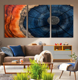 26110607-MGV-CV-36X24-Blue and Orange Tree Ring Wall Art – Abstract Wood Cross Section Canvas Print, Modern Rustic Nature Decor for Living Room, Office,