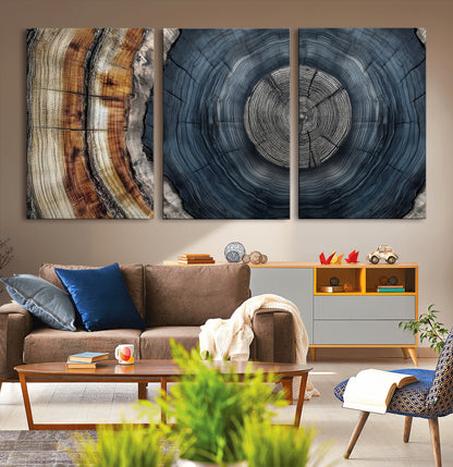 91368647-MGV-CV-36X24-Smoky Blue Tree Ring Wall Art – Rustic Wood Cross Section Canvas Print, Modern Nature Inspired Decor for Living Room, Office, or