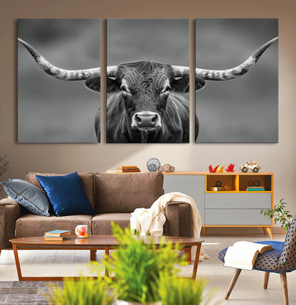 81228550-MGV-CV-36X24-Framed Texas Longhorn Bull Art Canvas Print, Western Bull Wall Art Print, Long Horn Bull Photo Print for Log Cabin, Large Bull