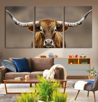 12179171-MGV-CV-36X24-Texas Longhorn Wall Art Canvas Print, Framed Brown Bull Art Picture Print, Lone Cattle Perfect Rustic Western Decor Artwork