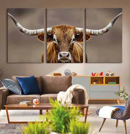 12179171-MGV-CV-36X24-Texas Longhorn Wall Art Canvas Print, Framed Brown Bull Art Picture Print, Lone Cattle Perfect Rustic Western Decor Artwork