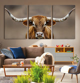 12179171-MGV-CV-36X24-Texas Longhorn Wall Art Canvas Print, Framed Brown Bull Art Picture Print, Lone Cattle Perfect Rustic Western Decor Artwork
