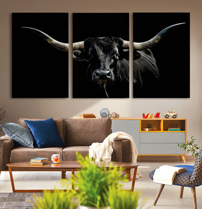 37531960-MGV-CV-36X24-Black Longhorn Bull Wall Art – Dramatic Western Cattle Canvas Print, Rustic Farmhouse Animal Artwork for Living Room, Bedroom,