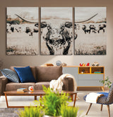27497342-MGV-CV-36X24-Texas Longhorn Wall Art Canvas Print, Framed Speckled Cow Art Picture Print, Horned Cattle Perfect Rustic Western Decor Artwork