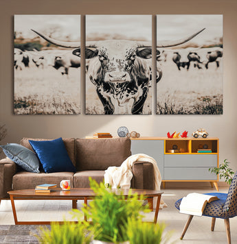 27497342-MGV-CV-36X24-Texas Longhorn Wall Art Canvas Print, Framed Speckled Cow Art Picture Print, Horned Cattle Perfect Rustic Western Decor Artwork