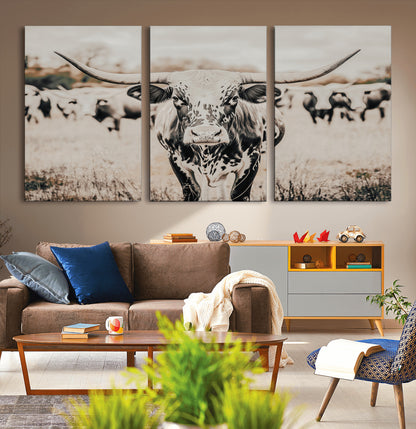 27497342-MGV-CV-36X24-Texas Longhorn Wall Art Canvas Print, Framed Speckled Cow Art Picture Print, Horned Cattle Perfect Rustic Western Decor Artwork