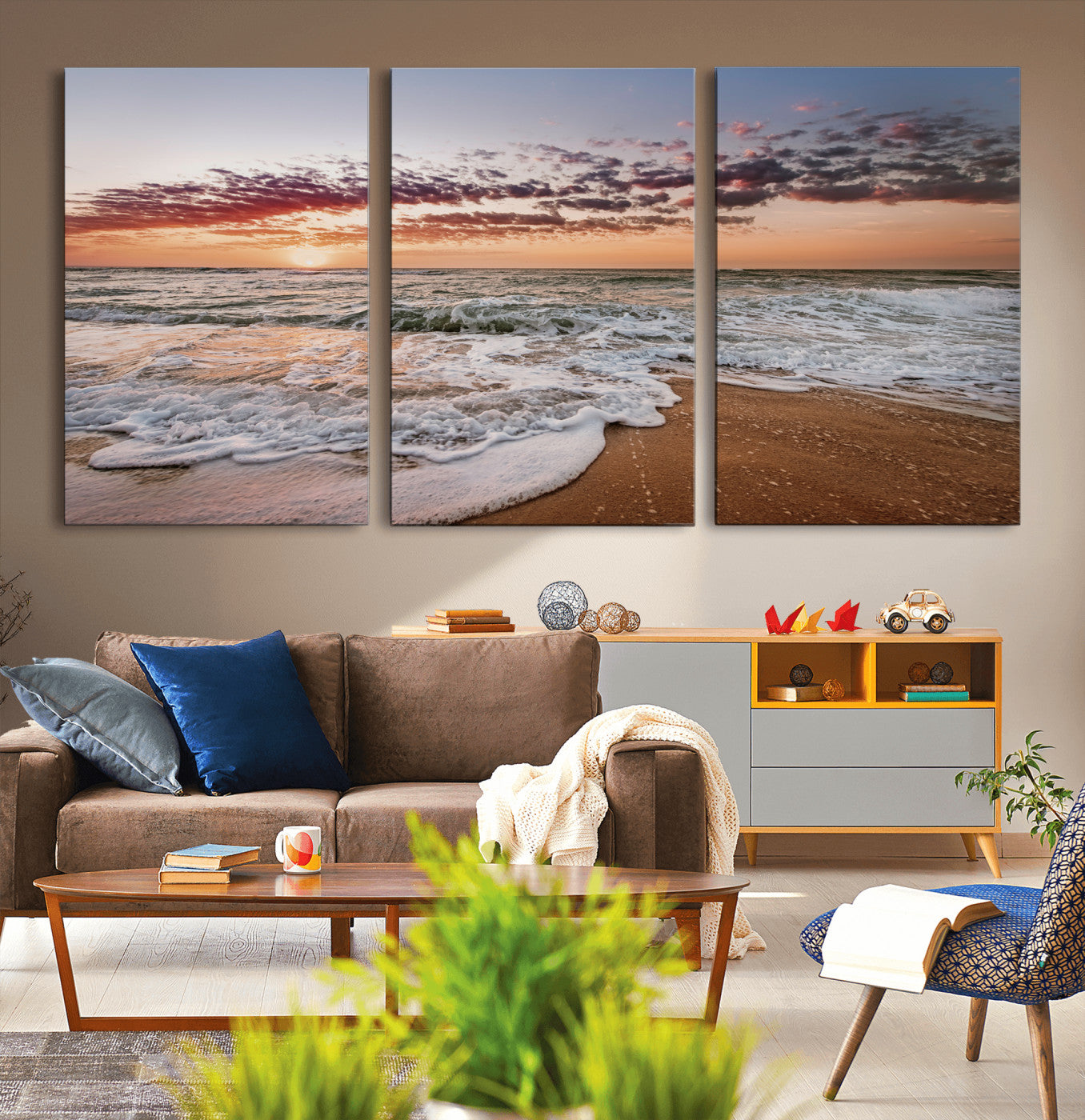 39846389-MGV-CV-36X24-Ocean Sunset Wall Art Canvas Print, Framed Sandy Shore Art Picture Print, Gentle Waves Perfect Minimalist Coastal Decor Artwork
