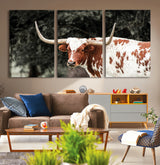 54027638-MGV-CV-36X24-Texas Longhorn Wall Art Canvas Print, Framed Spotted Cow Art Picture Print, Horned Bull Perfect Rustic Western Decor Artwork