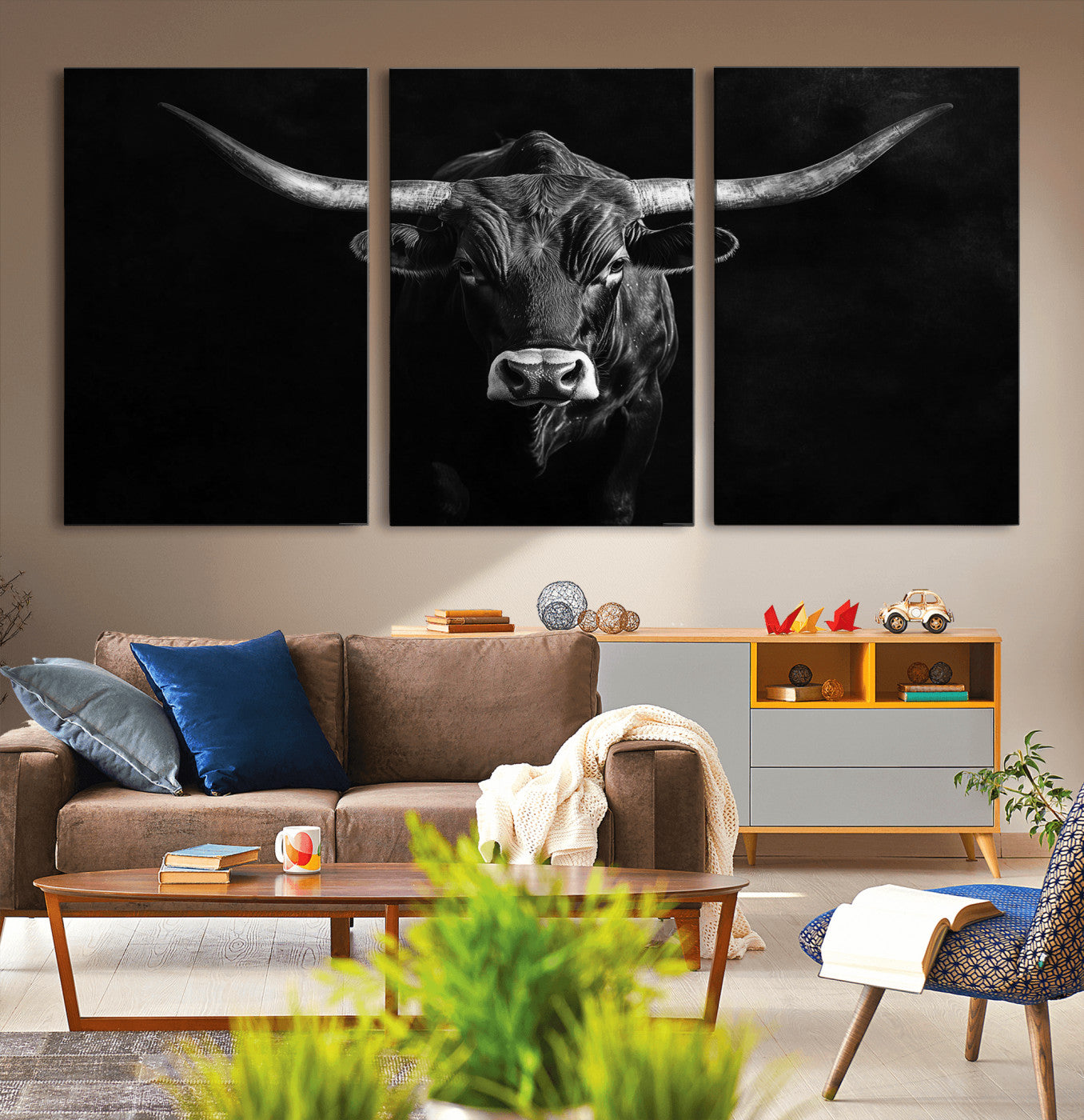 42077175-MGV-CV-60X30-3P-Texas Longhorn Wall Art Canvas Print, Framed Monochrome Bull Art Picture Print, Horned Bull Perfect Rustic Western Decor Artwork