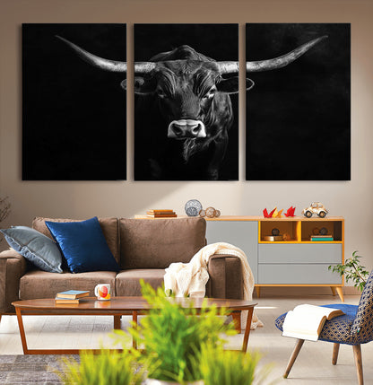 42077175-MGV-CV-60X30-3P-Texas Longhorn Wall Art Canvas Print, Framed Monochrome Bull Art Picture Print, Horned Bull Perfect Rustic Western Decor Artwork