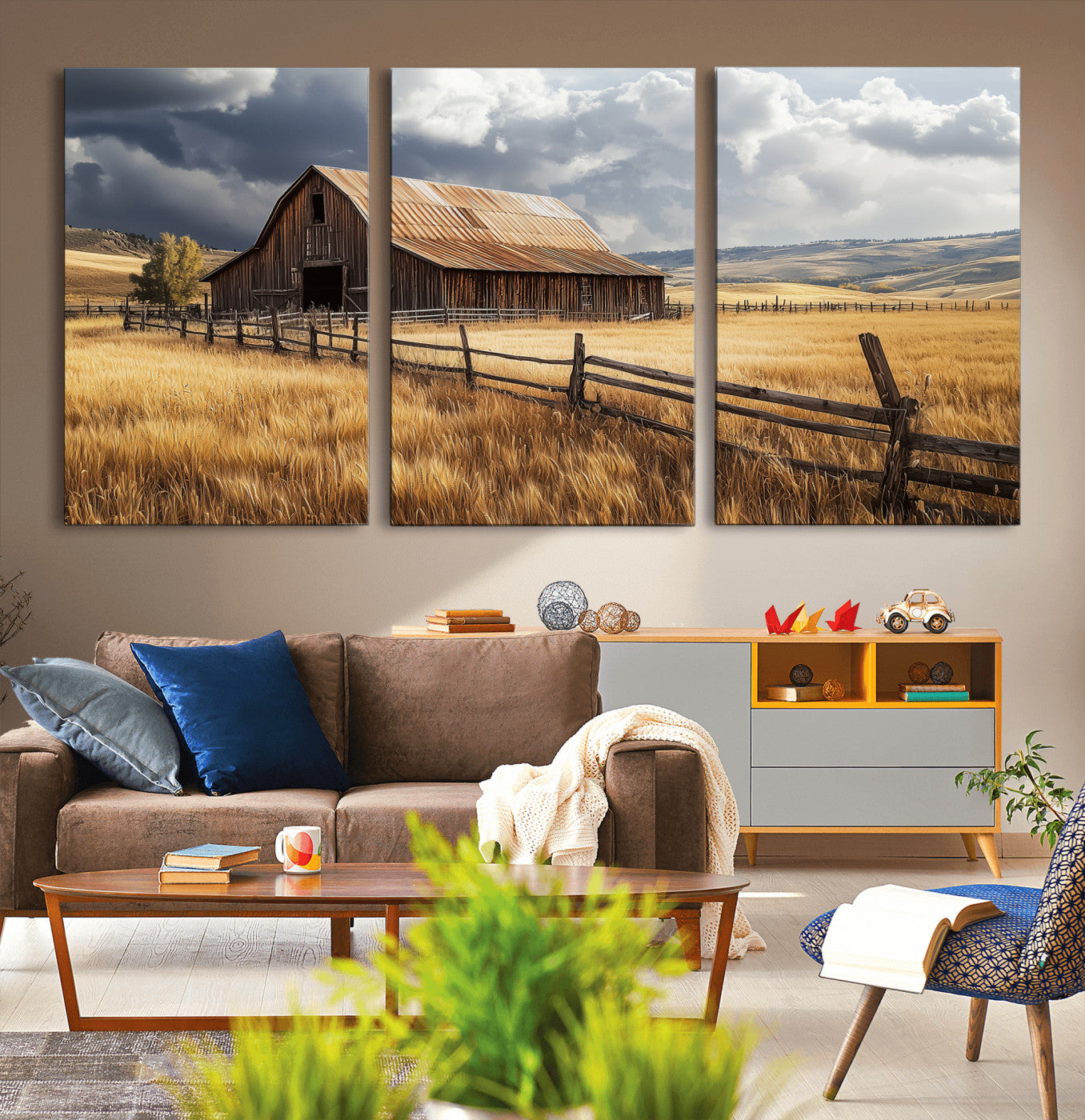 38758826-MGV-CV-36X24-Rustic Barn Wall Art Canvas Print, Framed Moody Barn Art Picture Print, Golden Field Perfect Rustic Farmhouse Decor Artwork