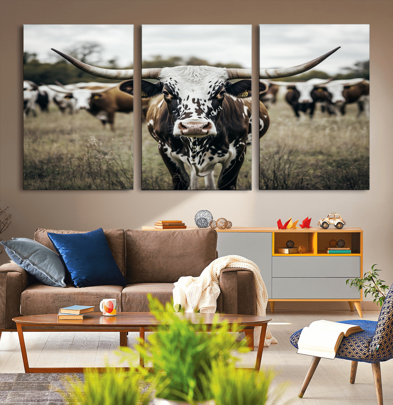 79025945-MGV-CV-36X24-Texas Longhorn Wall Art Canvas Print, Framed Speckled Cow Art Picture Print, Horned Cattle Perfect Rustic Western Decor Artwork