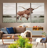 28309012-MGV-CV-36X24-Texas Longhorn Wall Art Canvas Print, Framed Spotted Cattle Art Picture Print, Horned Bull Perfect Rustic Western Decor Artwork