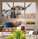70414966-MGV-CV-36X24-Texas Longhorn Wall Art Canvas Print, Framed Speckled Cow Art Picture Print, Horned Bull Perfect Rustic Western Decor Artwork