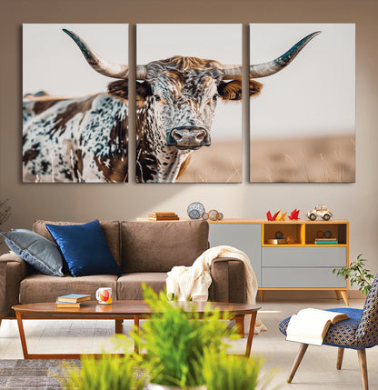 70414966-MGV-CV-36X24-Texas Longhorn Wall Art Canvas Print, Framed Speckled Cow Art Picture Print, Horned Bull Perfect Rustic Western Decor Artwork
