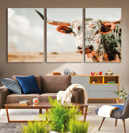 72766375-MGV-CV-36X24-Texas Longhorn Wall Art Canvas Print, Framed Spotted Cow Art Picture Print, Horned Cattle Perfect Rustic Western Decor Artwork