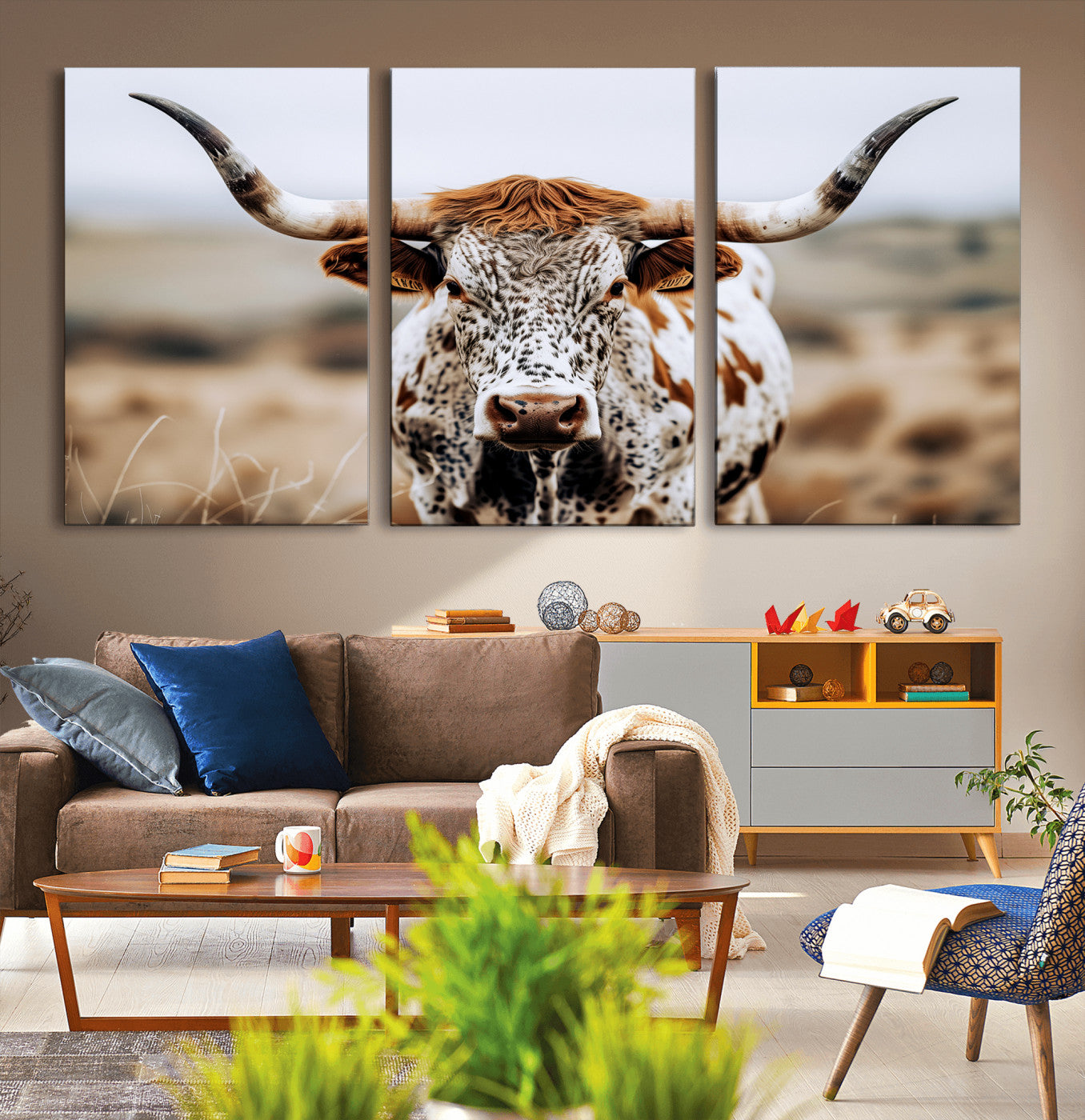 76294381-MGV-CV-36X24-Texas Longhorn Wall Art Canvas Print, Framed Spotted Cow Art Picture Print, Horned Cattle Perfect Rustic Western Decor Artwork