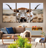 76294381-MGV-CV-36X24-Texas Longhorn Wall Art Canvas Print, Framed Spotted Cow Art Picture Print, Horned Cattle Perfect Rustic Western Decor Artwork