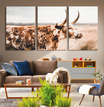 11528295-MGV-CV-36X24-Speckled Longhorn Wall Art Canvas Print, Framed Texas Cattle Art Picture Print, Horned Cow Perfect Rustic Western Decor Artwork